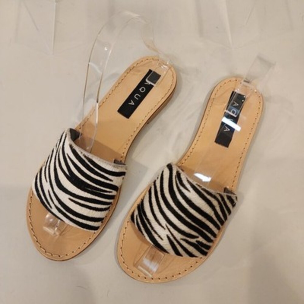 AQUA Zebra Print Calf Hair Slide Sandal Leather Size 7 Flat Slip On Bloomingdale